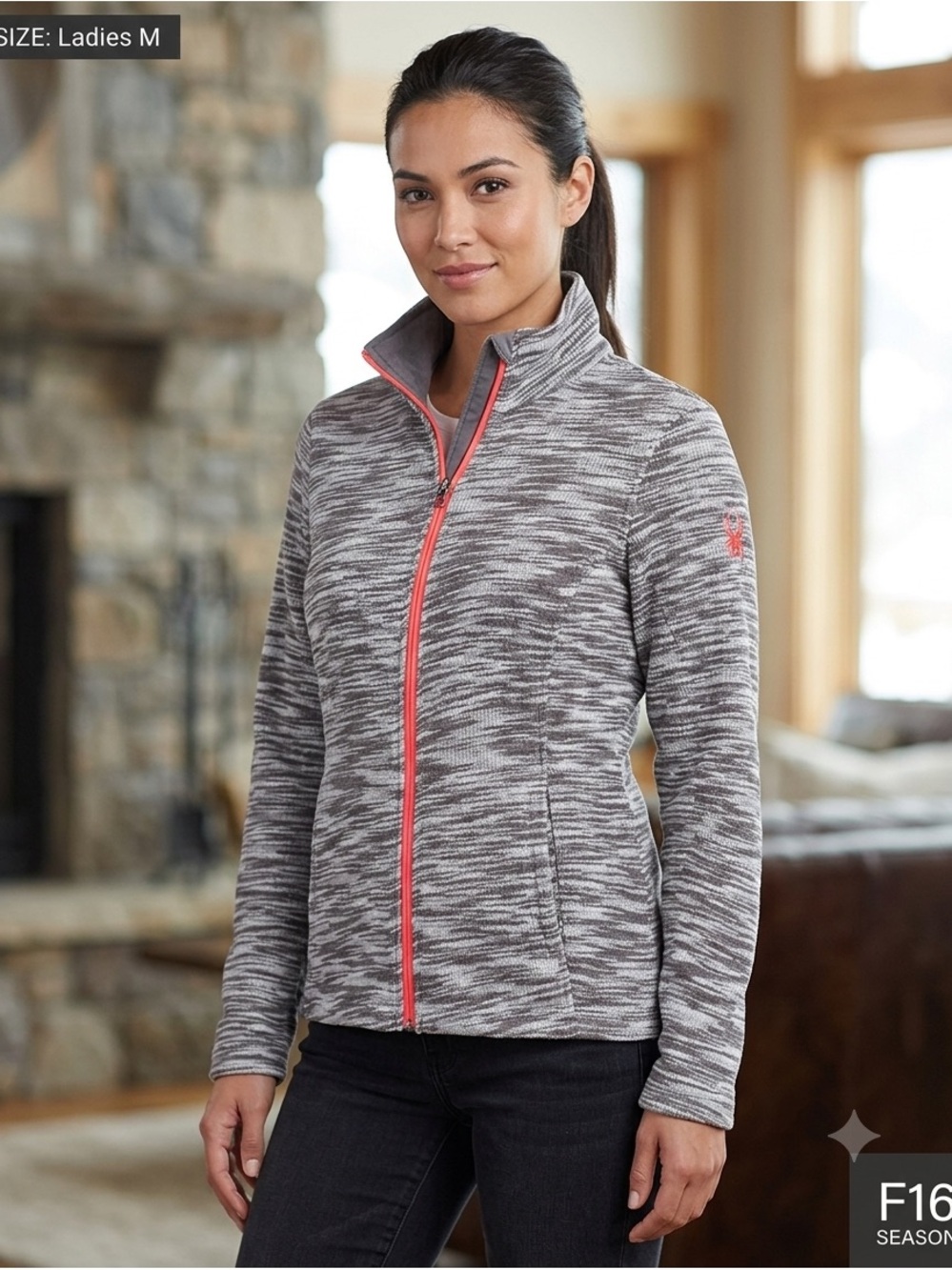 Spyder Womens Full Zip Sweater Fleece Jacket Medium Gray Pink Space Dye Outdoor
